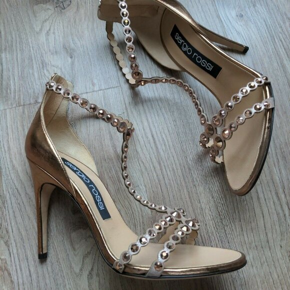 Sergio Rossi Crystal Stud Rose Gold Strappy Stiletto Heels - Picture 6 of 12